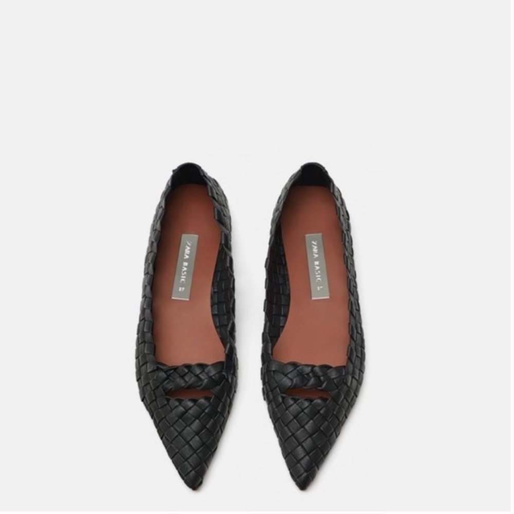 Zara black woven leather pointed flats size 38